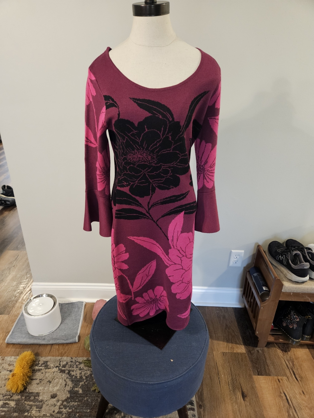 London Times Magenta & Black Floral Long Sleeve Knit Dress